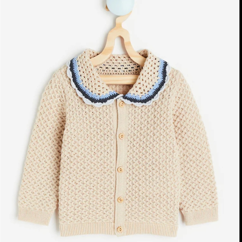 H&M organic Cream Knit Kids Cardigan with Blue Trim